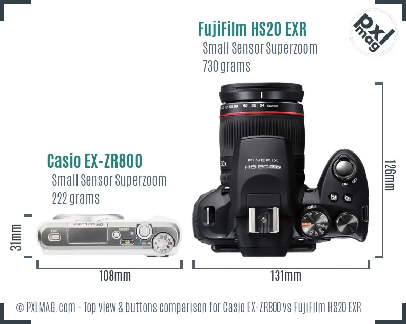 Casio EX-ZR800 vs FujiFilm HS20 EXR top view buttons comparison Casio EX-ZR800 vs FujiFilm HS20 EXR top view buttons comparison