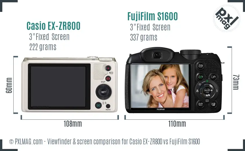 Casio EX-ZR800 vs FujiFilm S1600 Screen and Viewfinder comparison