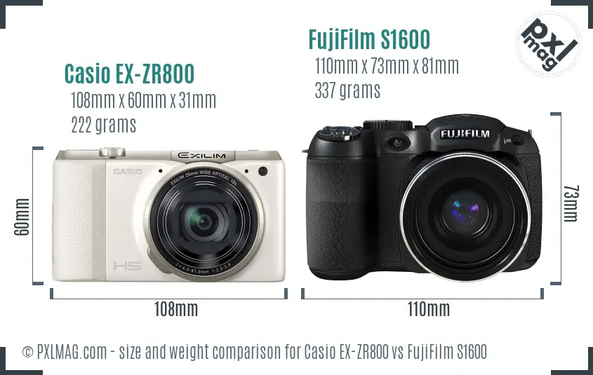 Casio EX-ZR800 vs FujiFilm S1600 size comparison