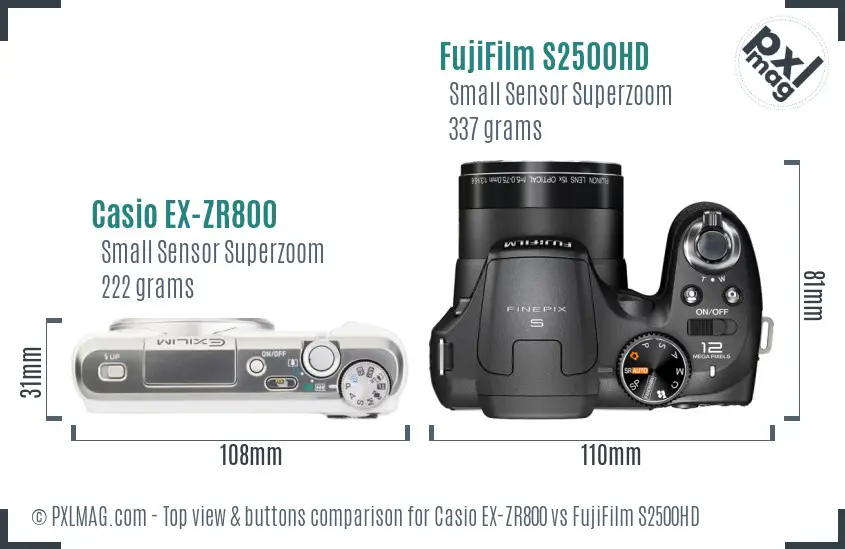 Casio EX-ZR800 vs FujiFilm S2500HD top view buttons comparison