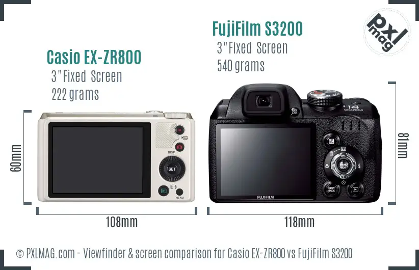 Casio EX-ZR800 vs FujiFilm S3200 Screen and Viewfinder comparison