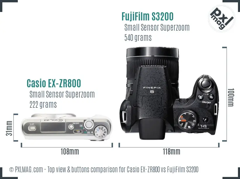 Casio EX-ZR800 vs FujiFilm S3200 top view buttons comparison