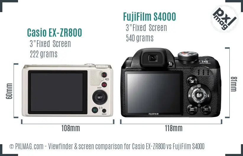 Casio EX-ZR800 vs FujiFilm S4000 Screen and Viewfinder comparison