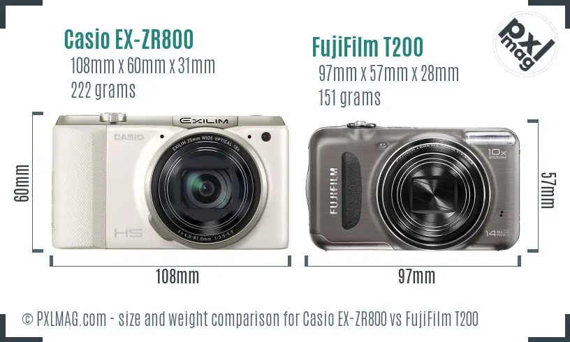 Casio EX-ZR800 vs FujiFilm T200 size comparison