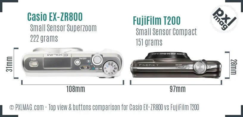 Casio EX-ZR800 vs FujiFilm T200 top view buttons comparison