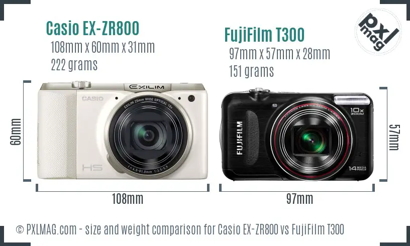 Casio EX-ZR800 vs FujiFilm T300 size comparison