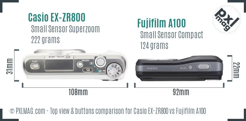 Casio EX-ZR800 vs Fujifilm A100 top view buttons comparison