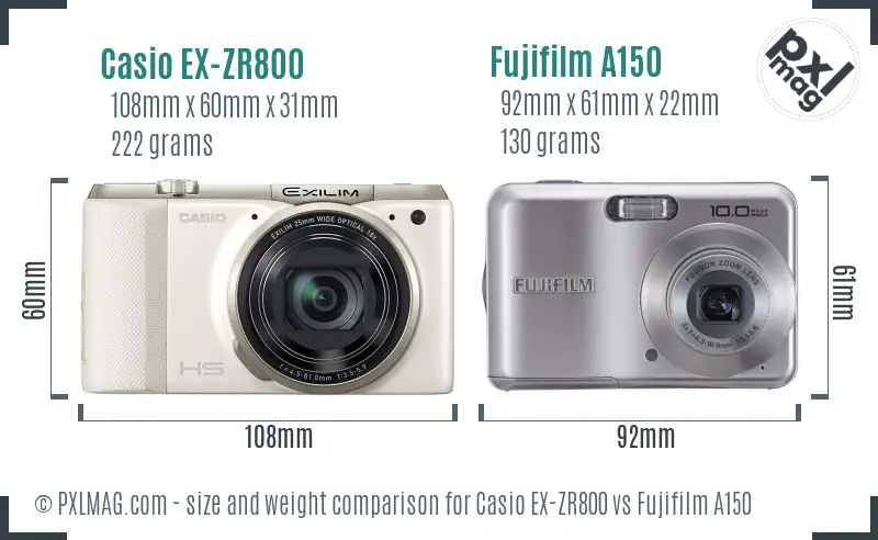 Casio EX-ZR800 vs Fujifilm A150 size comparison