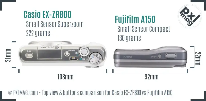 Casio EX-ZR800 vs Fujifilm A150 top view buttons comparison