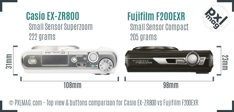 Casio EX-ZR800 vs Fujifilm F200EXR top view buttons comparison Casio EX-ZR800 vs Fujifilm F200EXR top view buttons comparison