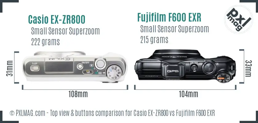 Casio EX-ZR800 vs Fujifilm F600 EXR top view buttons comparison