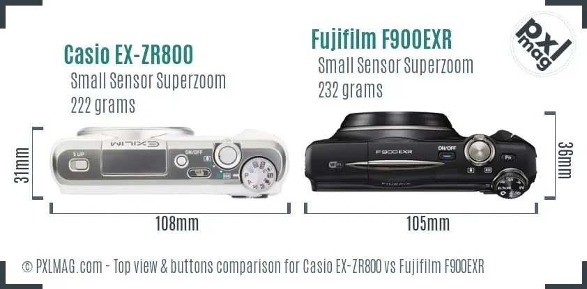 Casio EX-ZR800 vs Fujifilm F900EXR top view buttons comparison Casio EX-ZR800 vs Fujifilm F900EXR top view buttons comparison