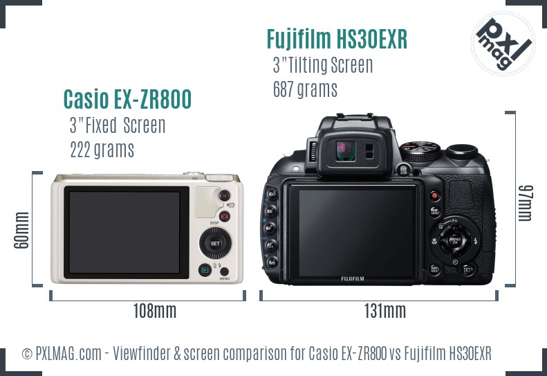 Casio EX-ZR800 vs Fujifilm HS30EXR Screen and Viewfinder comparison