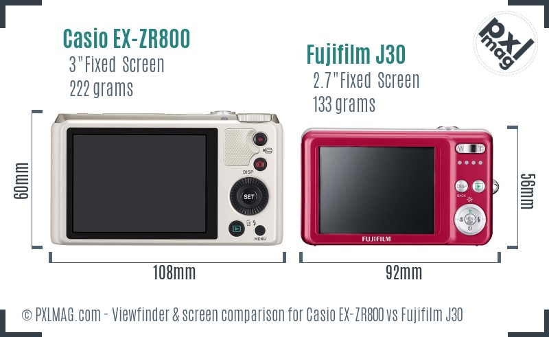 Casio EX-ZR800 vs Fujifilm J30 Screen and Viewfinder comparison