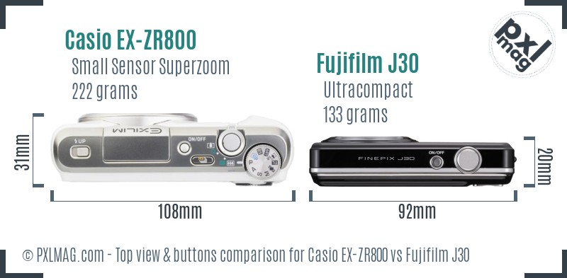 Casio EX-ZR800 vs Fujifilm J30 top view buttons comparison