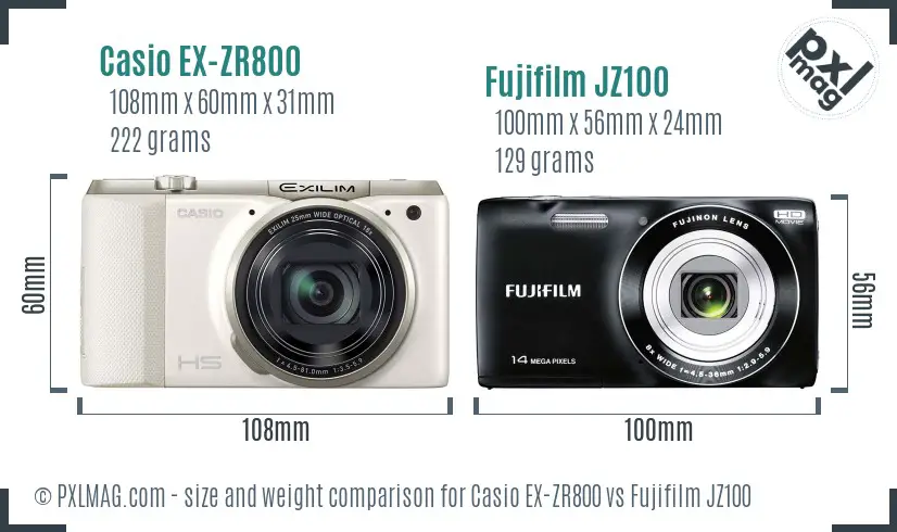 Casio EX-ZR800 vs Fujifilm JZ100 size comparison