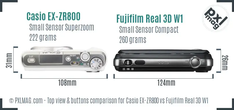 Casio EX-ZR800 vs Fujifilm Real 3D W1 top view buttons comparison