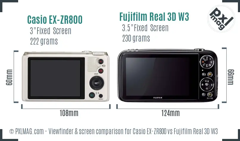 Casio EX-ZR800 vs Fujifilm Real 3D W3 Screen and Viewfinder comparison