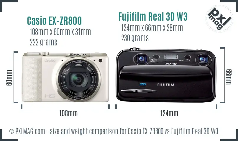 Casio EX-ZR800 vs Fujifilm Real 3D W3 size comparison