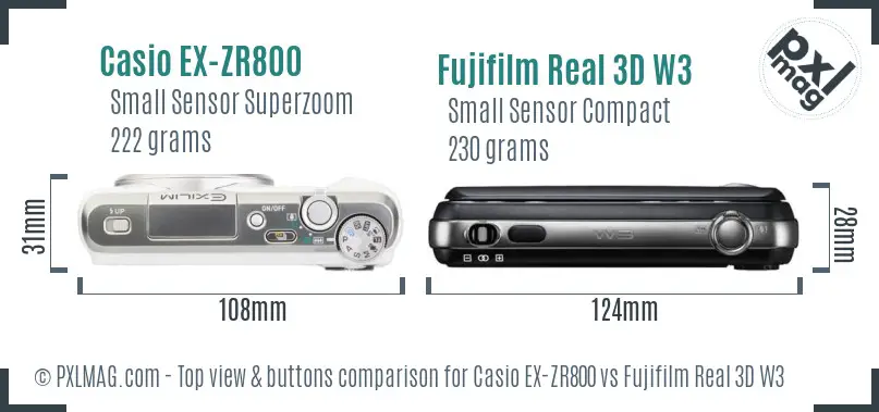 Casio EX-ZR800 vs Fujifilm Real 3D W3 top view buttons comparison