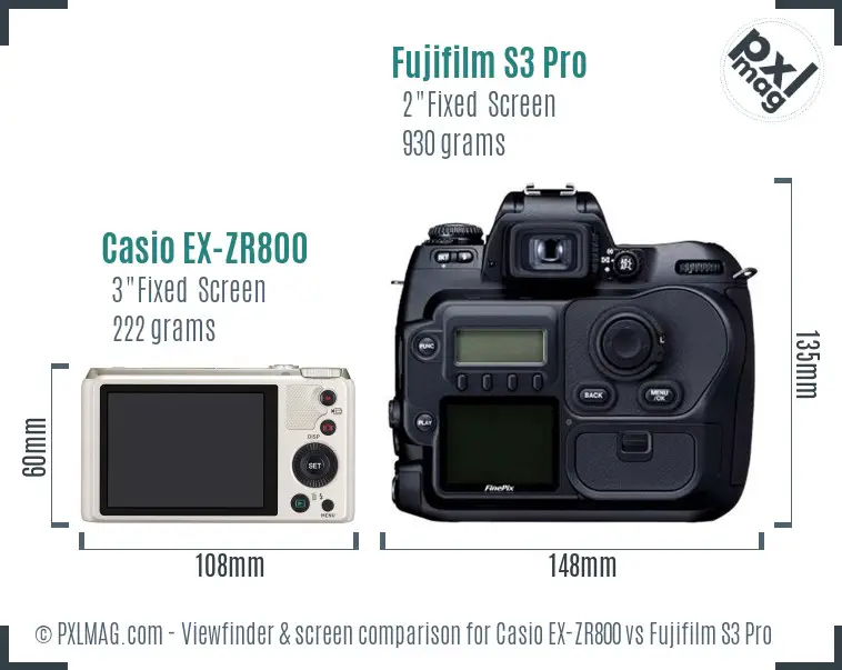 Casio EX-ZR800 vs Fujifilm S3 Pro Screen and Viewfinder comparison