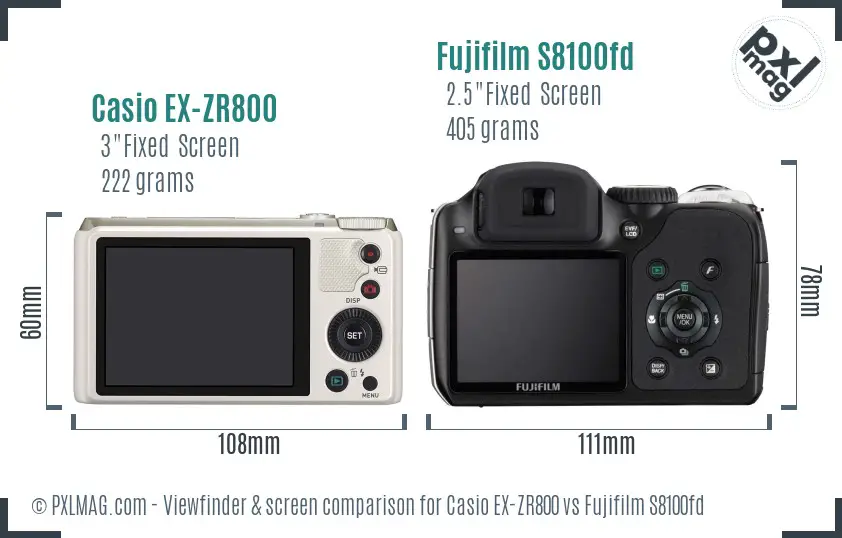 Casio EX-ZR800 vs Fujifilm S8100fd Screen and Viewfinder comparison
