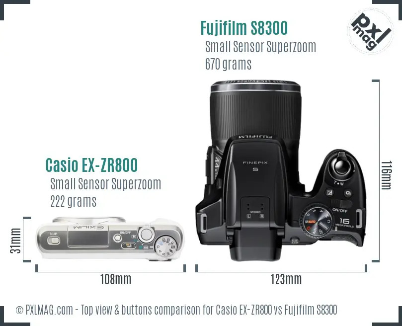Casio EX-ZR800 vs Fujifilm S8300 top view buttons comparison Casio EX-ZR800 vs Fujifilm S8300 top view buttons comparison
