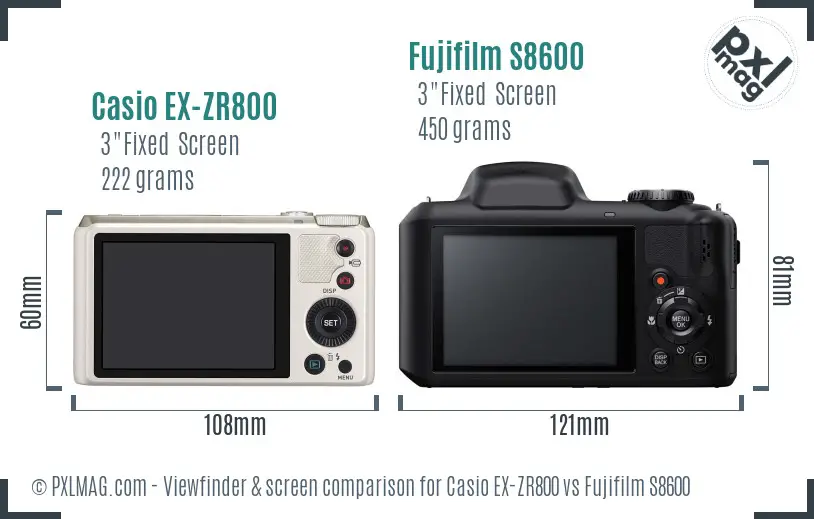 Casio EX-ZR800 vs Fujifilm S8600 Screen and Viewfinder comparison