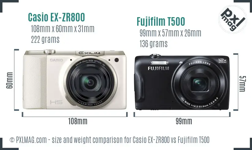 Casio EX-ZR800 vs Fujifilm T500 size comparison