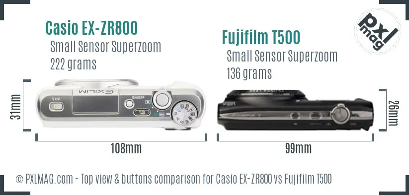 Casio EX-ZR800 vs Fujifilm T500 top view buttons comparison