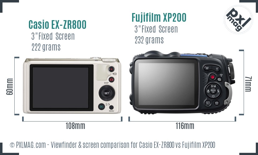 Casio EX-ZR800 vs Fujifilm XP200 Screen and Viewfinder comparison