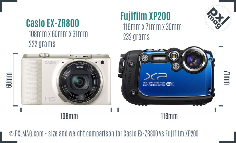 Casio EX-ZR800 vs Fujifilm XP200 size comparison
