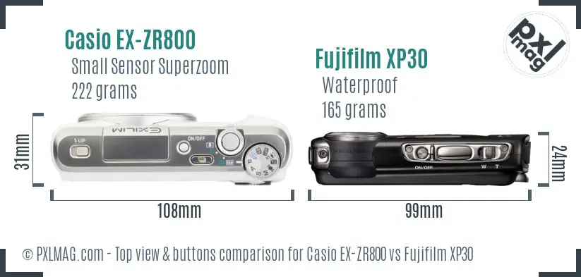 Casio EX-ZR800 vs Fujifilm XP30 top view buttons comparison Casio EX-ZR800 vs Fujifilm XP30 top view buttons comparison