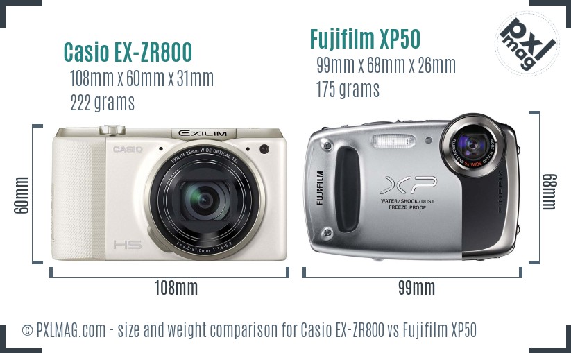 Casio EX-ZR800 vs Fujifilm XP50 size comparison