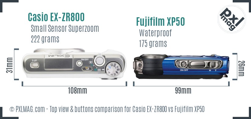 Casio EX-ZR800 vs Fujifilm XP50 top view buttons comparison