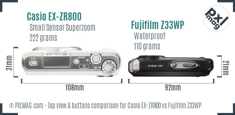 Casio EX-ZR800 vs Fujifilm Z33WP top view buttons comparison