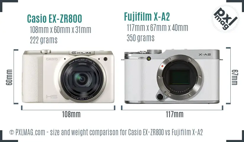 Casio EX-ZR800 vs Fujifilm X-A2 size comparison