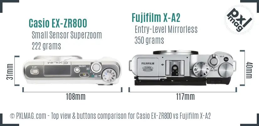 Casio EX-ZR800 vs Fujifilm X-A2 top view buttons comparison