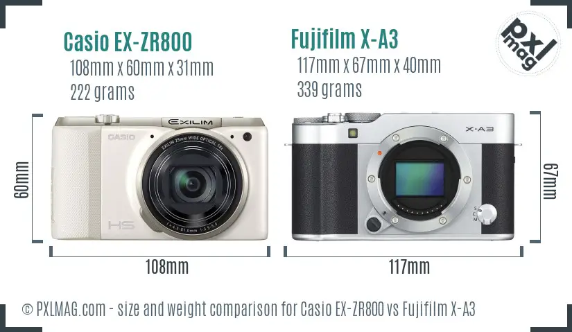 Casio EX-ZR800 vs Fujifilm X-A3 size comparison