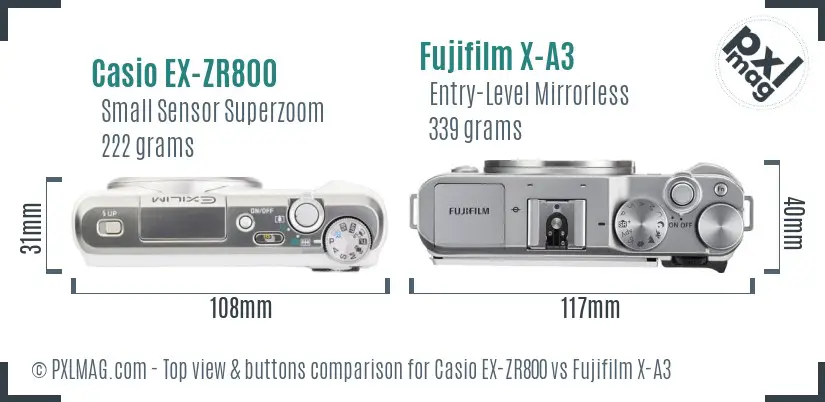 Casio EX-ZR800 vs Fujifilm X-A3 top view buttons comparison