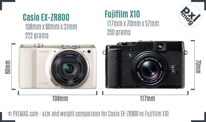 Casio EX-ZR800 vs Fujifilm X10 size comparison