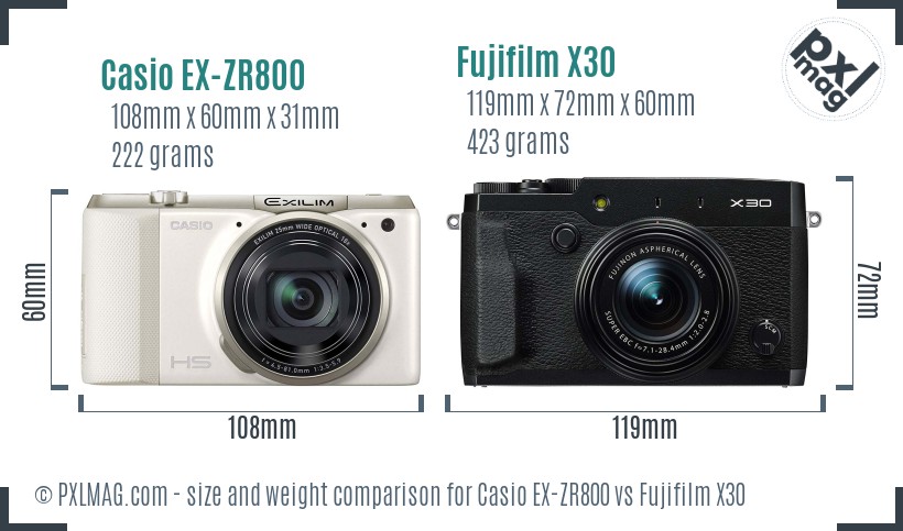 Casio EX-ZR800 vs Fujifilm X30 size comparison