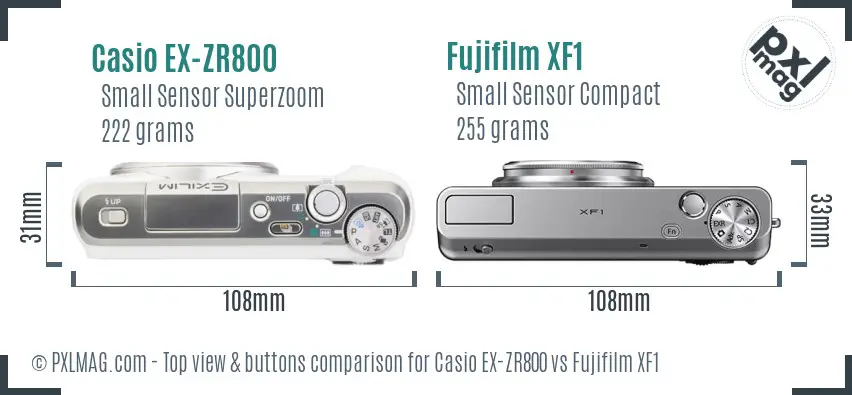 Casio EX-ZR800 vs Fujifilm XF1 top view buttons comparison Casio EX-ZR800 vs Fujifilm XF1 top view buttons comparison