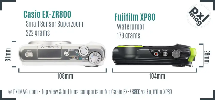 Casio EX-ZR800 vs Fujifilm XP80 top view buttons comparison Casio EX-ZR800 vs Fujifilm XP80 top view buttons comparison