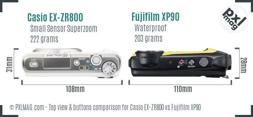 Casio EX-ZR800 vs Fujifilm XP90 top view buttons comparison Casio EX-ZR800 vs Fujifilm XP90 top view buttons comparison