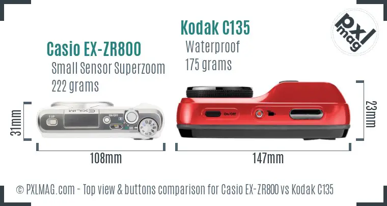 Casio EX-ZR800 vs Kodak C135 top view buttons comparison Casio EX-ZR800 vs Kodak C135 top view buttons comparison