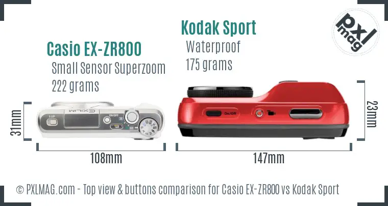 Casio EX-ZR800 vs Kodak Sport top view buttons comparison