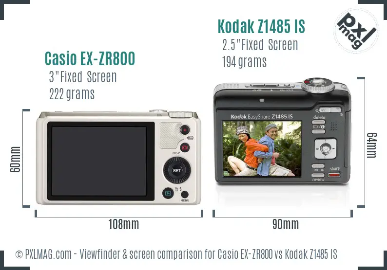 Casio EX-ZR800 vs Kodak Z1485 IS Screen and Viewfinder comparison
