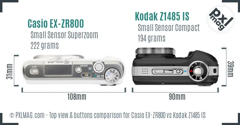 Casio EX-ZR800 vs Kodak Z1485 IS top view buttons comparison