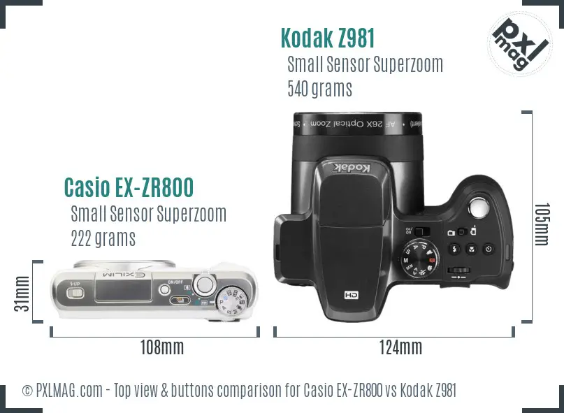 Casio EX-ZR800 vs Kodak Z981 top view buttons comparison Casio EX-ZR800 vs Kodak Z981 top view buttons comparison